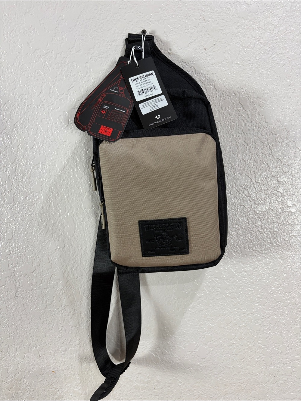True Religion Men’s Black & Beige Sling Crossbody Bag